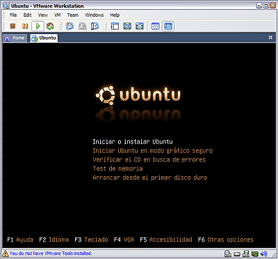Captura de VMWare ejecutando la instalación de Ubuntu