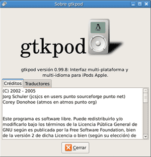 La pantalla acerca de... de gtkpod