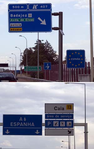 Dos fotos comparativas de la señaléctica en España y en Portugal
