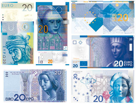 Muestras de billetes descartados de 20 euros