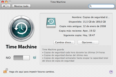 Captura de la pantalla de configuración de Time Machine